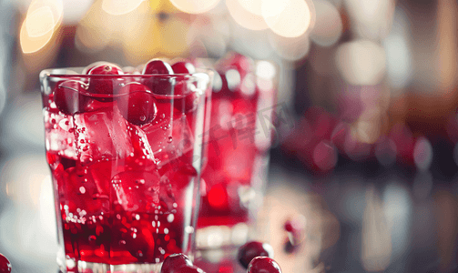 红色果汁摄影照片_餐厅里色彩鲜艳的新鲜红蔓越莓汁特写