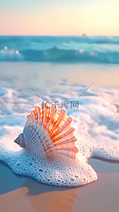 大海的背景素材背景图片_夏日海景海滩波浪上的海螺背景素材