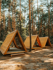 松树林中配备所有便利设施的木制露营凉亭