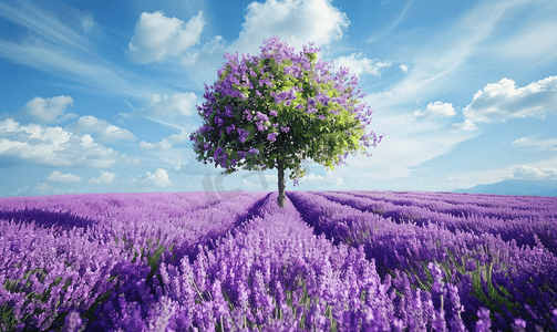 孤独的树摄影照片_紫色薰衣草花田与孤独的树