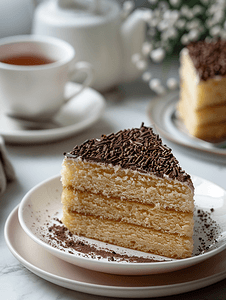 课程英语摄影照片_切片摩卡蛋糕撒巧克力配茶饼波东摩卡