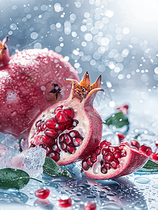 红色福字背景摄影照片_冰块背景中新鲜多汁的石榴果子