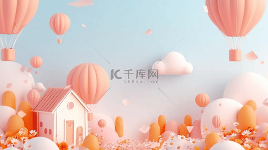 热气球儿童节背景图片_六一粉色梦幻花朵热气球小木屋电商展台背景
