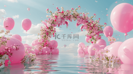水面卡通背景图片_六一水面上粉色卡通3D花朵气球拱门素材