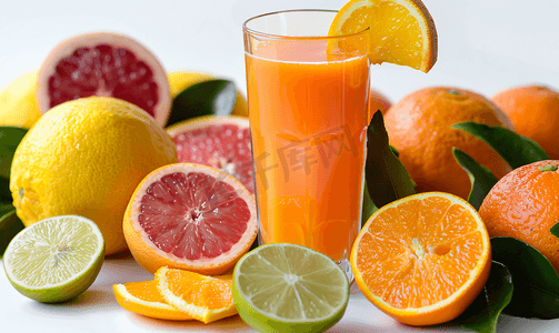 杯果汁摄影照片_一杯果汁和柑橘类水果