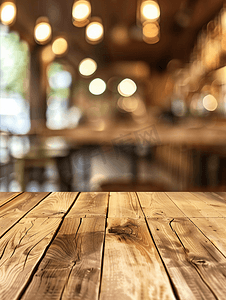 咖啡室内摄影照片_餐厅背景模糊的空木板空间平台