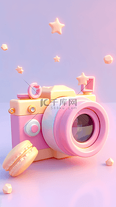 相机佳能相机镜头背景图片_粉紫色卡通3D相机图标背景