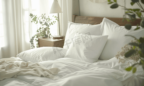 手绘被子植物摄影照片_卧室床上装饰的白色枕头