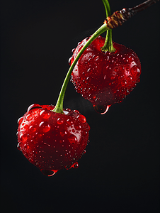 红色果汁摄影照片_黑色背景下果皮上有水滴的两颗成熟的樱桃浆果