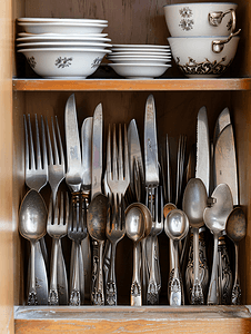 厨房橱柜架子上的餐具勺、叉子、刀和茶勺