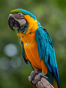 蓝色的卡通动物摄影照片_栖木上的玻利维亚蓝黄金刚鹦鹉
