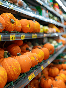 秋天超市装饰摄影照片_超市货架上的新鲜南瓜