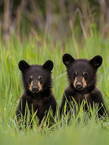 可爱动物幼崽摄影照片_夏季觅食一对黑熊幼崽