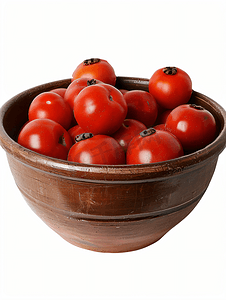西红柿番茄摄影照片_白色背景中突显了一个粘土碗里面有在阳光下晒干的西红柿