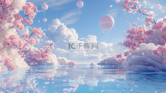 可爱浪漫的背景图片_六一水面上蓝粉色卡通3D花朵气球拱门素材