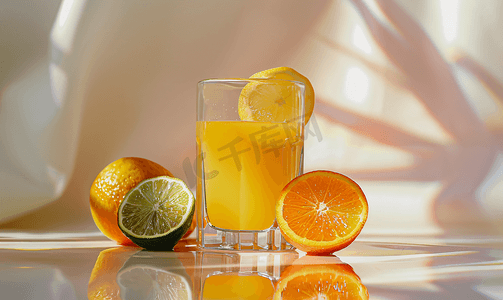 一杯果汁和柑橘类水果