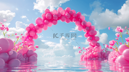 水袋气球背景图片_六一水面上粉色卡通3D花朵气球拱门设计图