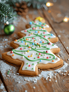 在木桌背景上用糖霜画圣诞树糖饼干的特写