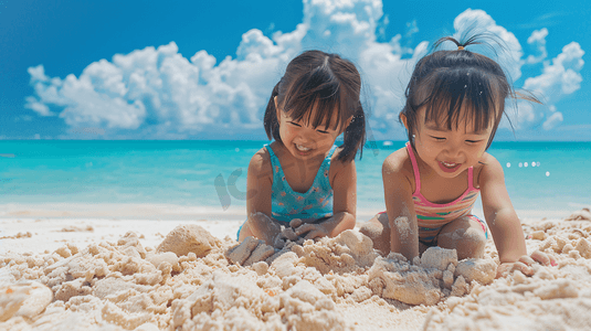 贝壳沙滩摄影照片_海边玩沙子捡贝壳的儿童5