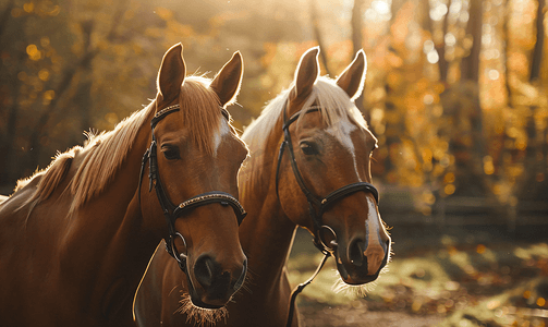 两匹戴着眼罩的马站在路边的阳光下