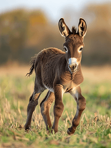 马驴摄影照片_深棕色驴驹在田野中行走
