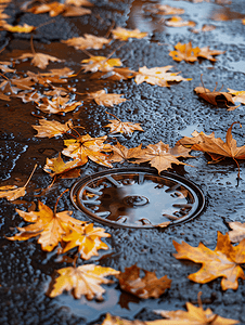 落叶覆盖车轮轨道上的雨水坑