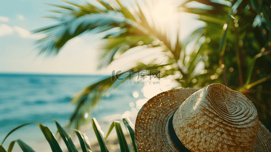沙滩图背景图片_夏日海滩风景沙滩上的遮阳帽背景图