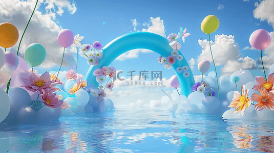 快乐水背景图片_六一水面上蓝粉色卡通3D花朵气球拱门图片