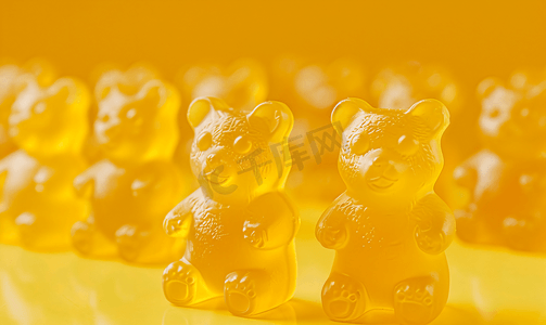 软糖小熊摄影照片_黄色背景中的小熊软糖果冻糖果特写