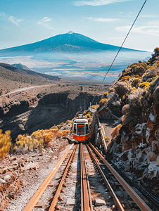 通往西班牙特内里费岛泰德火山顶部的缆索斜面悬崖铁路