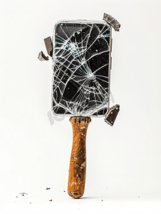 破碎的屏幕智能手机被白色背景剪切路径上隔离的锤子砸碎