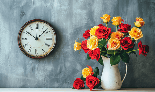 罐子红色摄影照片_墙上的钟和罐子里的新鲜红黄玫瑰