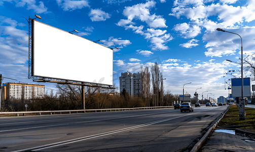 样机包装袋摄影照片_高速公路广告牌模型美丽天空下的交通氛围