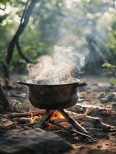 沸腾的火摄影照片_野餐篝火旁沸腾锅的特写远足烹饪概念