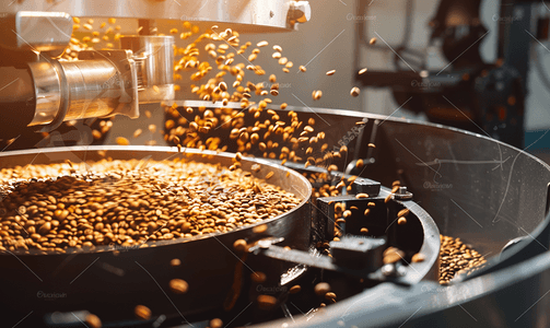 烘豆摄影照片_咖啡烘焙机在咖啡烘焙过程中混合咖啡豆