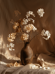 深色墙壁背景摄影照片_深棕色背景花瓶中枯萎的花朵