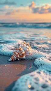 夏日海景海滩波浪上的海螺背景