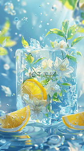 夏日清新可爱冰块里的柠檬花朵8背景图