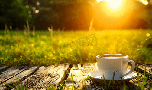 早上木桌上和草地上的热咖啡
