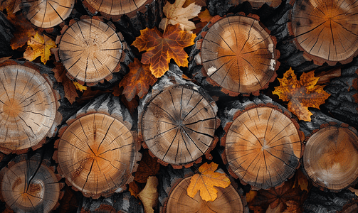 秋叶上锯木的俯视图