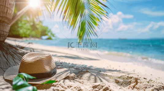夏日海滩风景沙滩上的遮阳帽背景素材