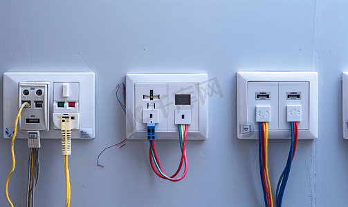 电源插座中的不同电线和墙上的开关