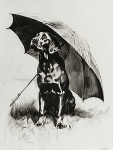 狗和雨伞和黑色铅笔的素描