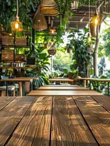 木板刻画摄影照片_餐厅背景模糊的空木板空间平台