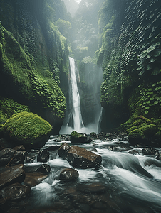 石灰岩摄影照片_雨林中的石灰岩瀑布