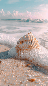 海边的背景图片_夏日海景海滩波浪上的海螺图片