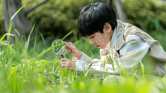 用放大镜观察植物的男孩2