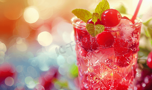 餐厅里色彩鲜艳的新鲜红蔓越莓汁特写