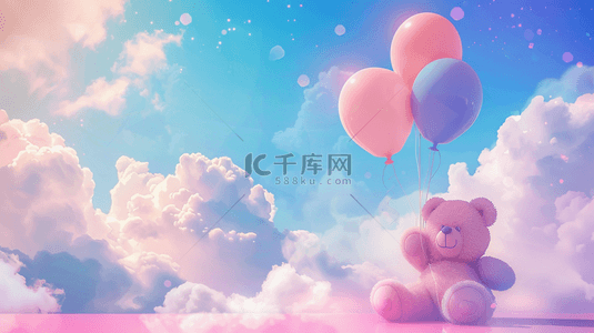 熊图片卡通背景图片_六一儿童节蓝粉色玩偶小熊白云气球3图片