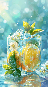 柠檬柠檬片背景图片_夏日清新可爱冰块里的柠檬花朵背景